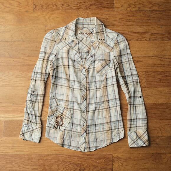 Vintage Y2K Guess Beige Brown Checkered Cotton Blouse Size XS V-Neck Snap Button - Picture 1 of 9